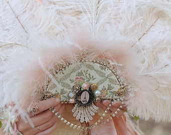 IN STOCK Petit Fleur Parisian Ivory and Blush Marie Antoinette ostrich feather with Embellished Vintage Tapestry in Sage, Blush, and Gold