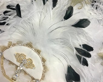 READY To SHIP! Glamorous 26” White Gold and Black Gatsby 20s weddings Triple Layer ostrich feather fan bouquet with Gold Peacock Feathers