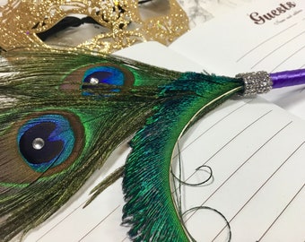 Double Peacock Feather Pen with Sword Feather, Swarovski Crystals and BLING in Your Choice of Colors