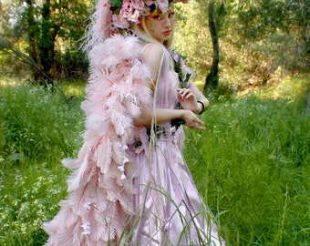 Blush Pink Dusty Rose Rococo Marie Antoinette Full Length Ostrich Feather Wings AND Feather Halo With Optional Floral