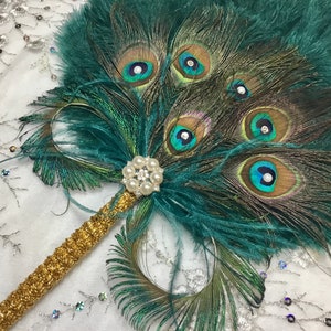Gold and Teal Ostrich and Peacock Feather Fan with Sword Feathers in Gold or Silver in your choice of sizes and colors image 8