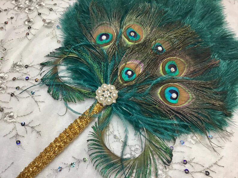 Gold and Teal Ostrich and Peacock Feather Fan with Sword Feathers in Gold or Silver in your choice of sizes and colors image 8