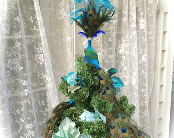 Peacock Christmas tree topper OR Wedding cake topper in your choice of lengths