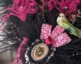 Bridgerton Ball Regencycore Extravagant Black Ostrich and Fuchsia Peacock Feather Fan Bouquet with Lime Green in your choice of colors