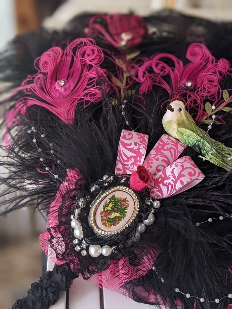 Bridgerton Ball Regencycore Extravagant Black Ostrich and Fuchsia Peacock Feather Fan Bouquet with Lime Green in your choice of colors image 1