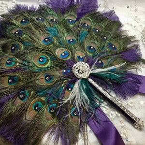 Round Peacock Feather and Dark Turquoise Ostrich Fan Bouquet with Swarovski crystals in your choice of sizes and colors image 6