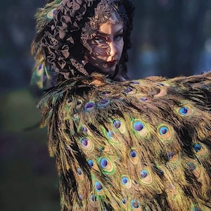 Full Length Hooded Peacock Feather Cape  Cloak for Renaissance Renn Faire Highlander Costume