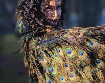 Full Length 64 Inch Hooded Peacock Feather Cape Renaissance Renn Faire Costume