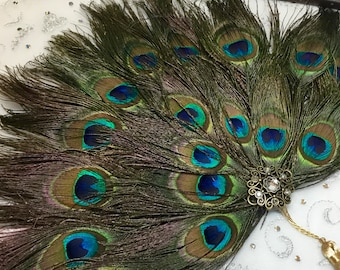 Wedding Bridal Peacock Feather Fan with Gold or Silver accents - in your choice of sizes