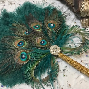 Gold and Teal Ostrich and Peacock Feather Fan with Sword Feathers in Gold or Silver in your choice of sizes and colors image 6