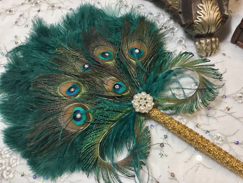 Gold and Teal Ostrich and Peacock Feather Fan with Sword Feathers in Gold or Silver in your choice of sizes and colors image 6