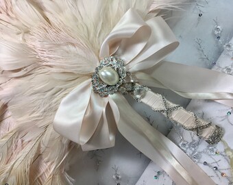 In STOCK! Lush Rococo 22” Blush and Ivory Peacock and Ostrich Feather Fan Bouquet in your choice of sizes