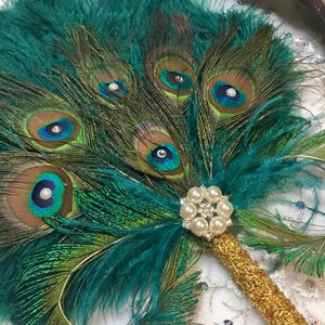 Gold and Teal Ostrich and Peacock Feather Fan with Sword Feathers in Gold or Silver in your choice of sizes and colors image 5