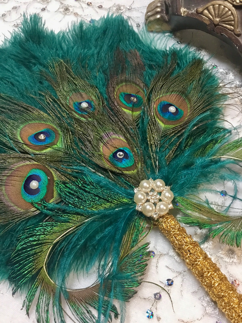 Gold and Teal Ostrich and Peacock Feather Fan with Sword Feathers in Gold or Silver in your choice of sizes and colors image 5