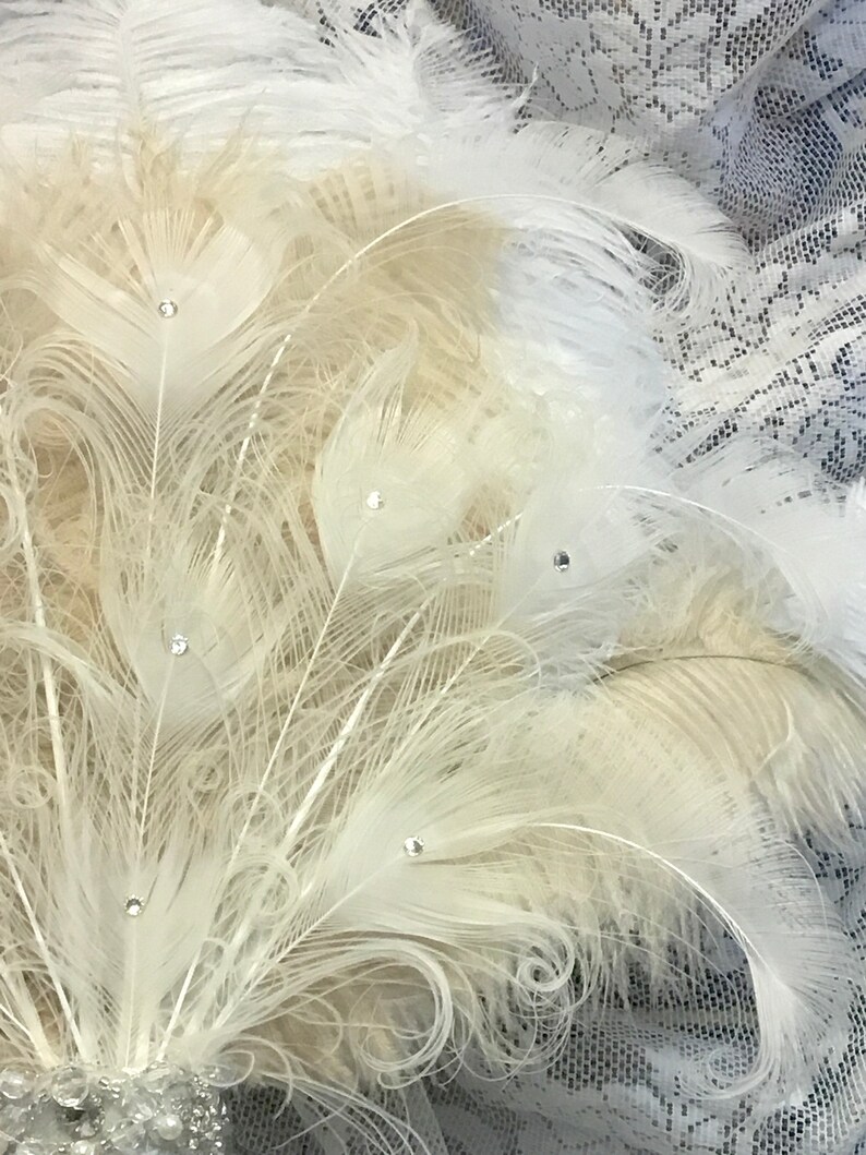 Romantic Rococo White Peacock Feather Wedding Fan With Elaborate Romantic Rococo White Peacock Feather Wedding Fan With Elaborate