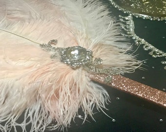 IN STOCK! One Gatsby Vintage Art Deco Double-Sided  ostrich feather fan in Rose Gold - Ready to Ship!