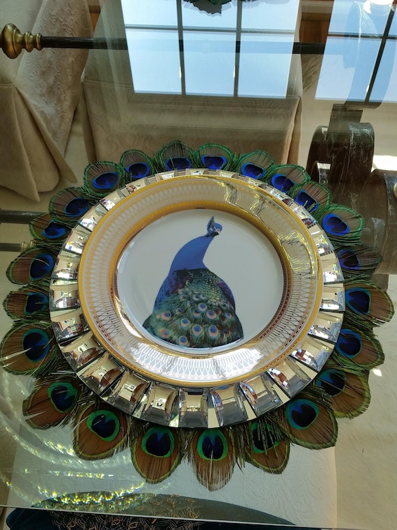 Peacock Feather Placemat Centerpiece Desi Indian Wedding Event Mats with Trimmed Feathers - in Your choice of sizes
