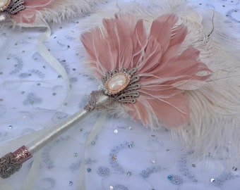 Great Gatsby ostrich and goose feather fan in Your choice of Colors and Sizes with Venice Lace and Rose Gold accents