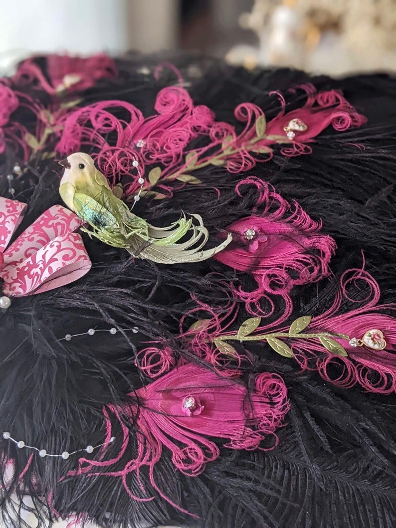 Bridgerton Ball Regencycore Extravagant Black Ostrich and Fuchsia Peacock Feather Fan Bouquet with Lime Green in your choice of colors image 3