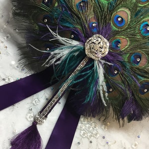 Round Peacock Feather and Dark Turquoise Ostrich Fan Bouquet with Swarovski crystals in your choice of sizes and colors image 8