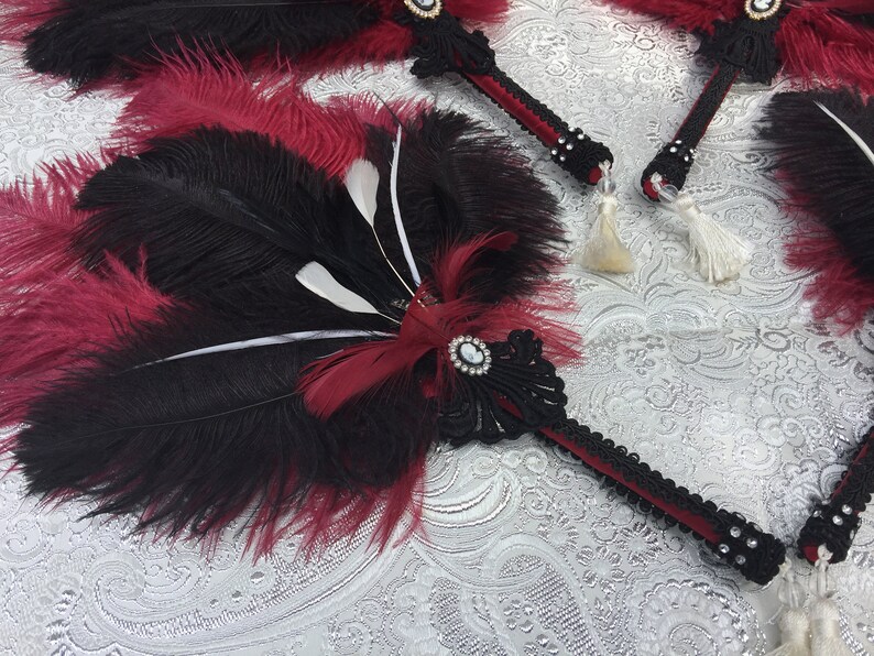 Gold Vintage Gatsby Gothic Victorian Feather Fan Bouquet in Black Silver and Deep Marsala Red