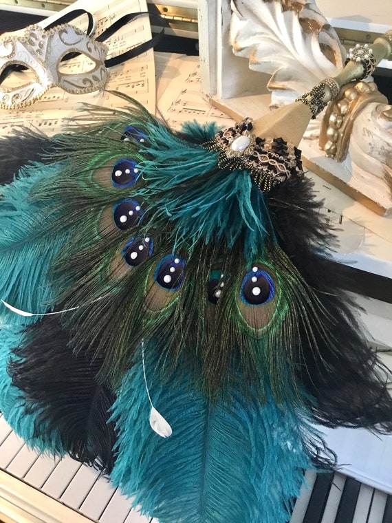 Romantic Rococo Peacock Gold Teal Black Feather Wedding Fan With
