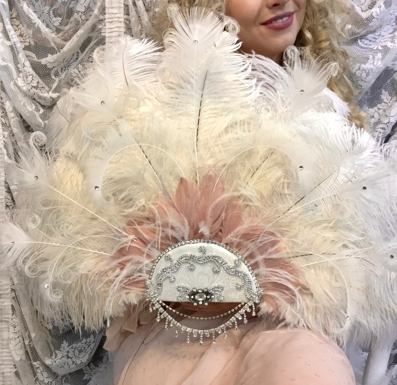 Romantic Rococo White Peacock Feather and Rose Blush Bridal Fan Bouquet with Elaborate Details AND CRYSTAL HANDLE image 3