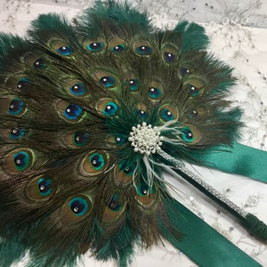 Round Peacock Feather and Dark Turquoise Ostrich Fan Bouquet with Swarovski crystals in your choice of sizes and colors image 9