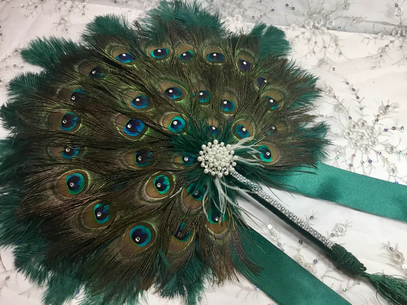 Round Peacock Feather and Dark Turquoise Ostrich Fan Bouquet with Swarovski crystals in your choice of sizes and colors image 9
