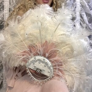 Romantic Rococo White Peacock Feather and Rose Blush Bridal Fan Bouquet with Elaborate Details AND CRYSTAL HANDLE image 5