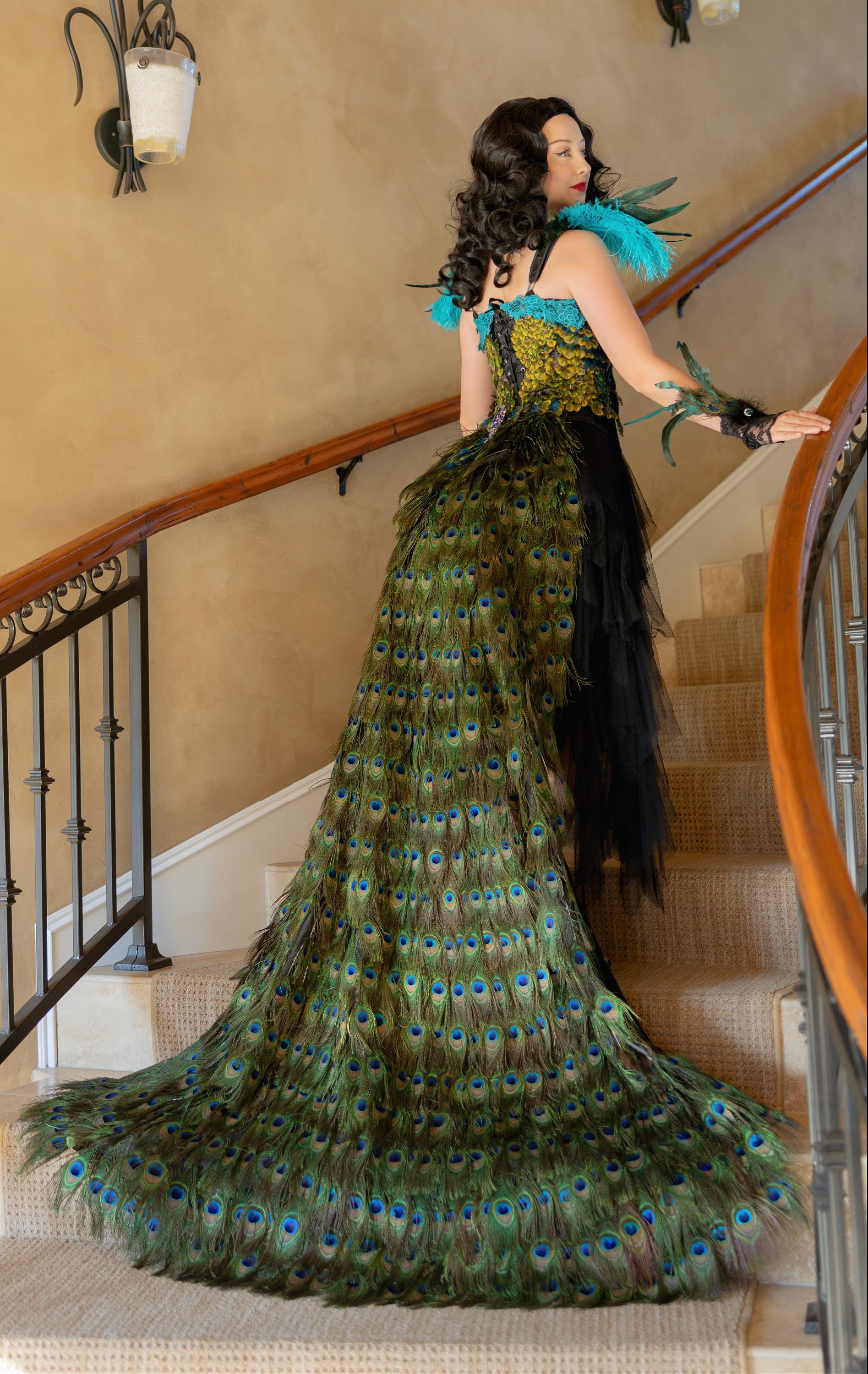 72" Peacock Feather Velvet-Lined Tail Train Luxury Costume Indian Wedding with Bustle 72" Peacock Feather Velvet-Lined Tail Train Luxury Costume Indian Wedding with Bustle