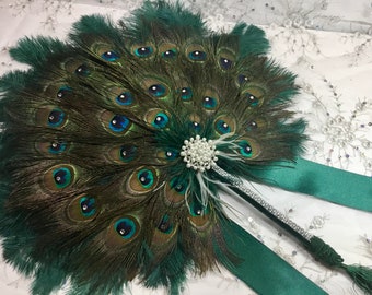 Dark Green Forest Hunter Ostrich and Round Peacock Feather Fan Bouquet with Pearls and Swarovski crystals in your choice of sizes and colors