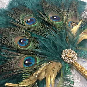 Gold and Teal Ostrich and Peacock Feather Fan with Sword Feathers in Gold or Silver in your choice of sizes and colors image 1