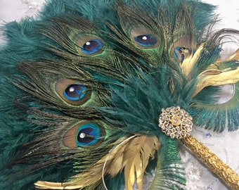 Gold and Teal Ostrich and Peacock Feather Fan with Sword Feathers in Gold or Silver - in your choice of sizes and colors