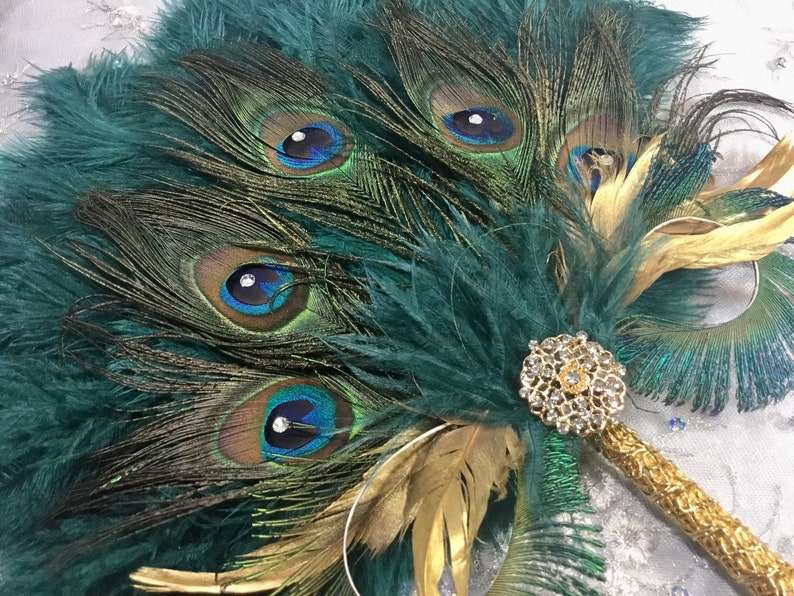 Gold and Teal Ostrich and Peacock Feather Fan with Sword Feathers in Gold or Silver in your choice of sizes and colors image 1