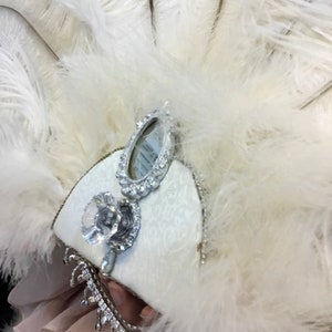 Romantic Rococo White Peacock Feather and Rose Blush Bridal Fan Bouquet with Elaborate Details AND CRYSTAL HANDLE image 10