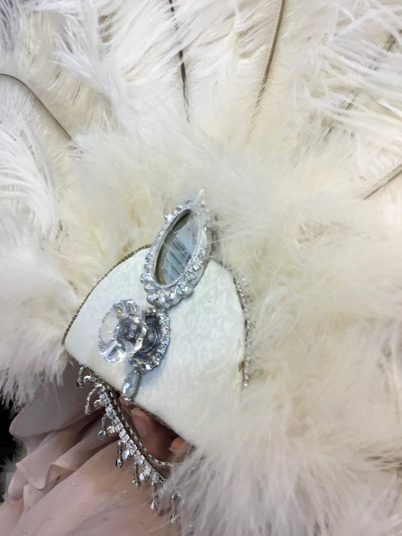 Romantic Rococo White Peacock Feather and Rose Blush Bridal Fan Bouquet with Elaborate Details AND CRYSTAL HANDLE image 10