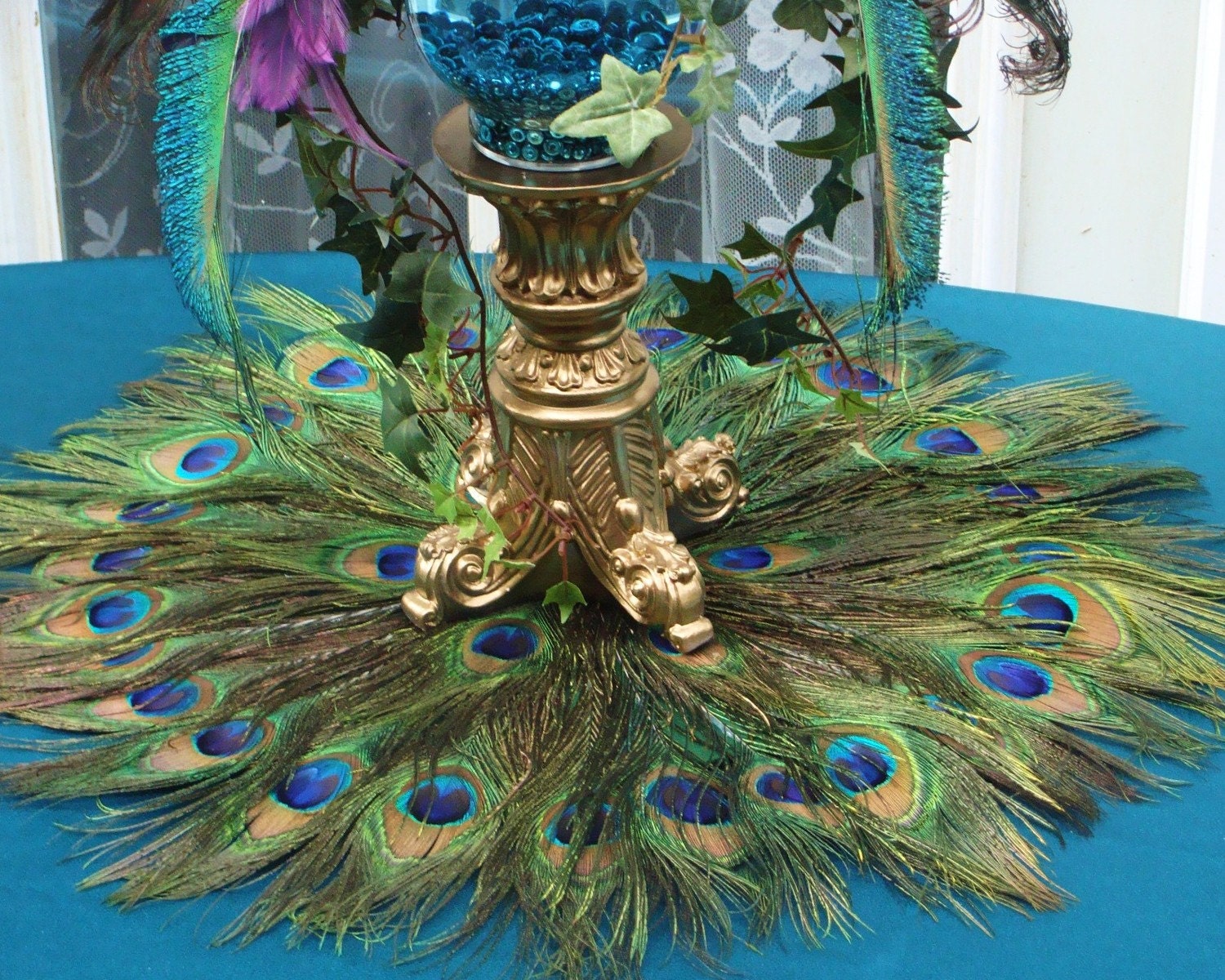 ON SALE Peacock Feather Mat Placemat or Centerpiece Decoration in