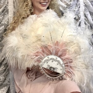 Romantic Rococo White Peacock Feather and Rose Blush Bridal Fan Bouquet with Elaborate Details AND CRYSTAL HANDLE image 8