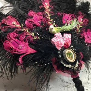 Bridgerton Ball Regencycore Extravagant Black Ostrich and Fuchsia Peacock Feather Fan Bouquet with Lime Green in your choice of colors image 6