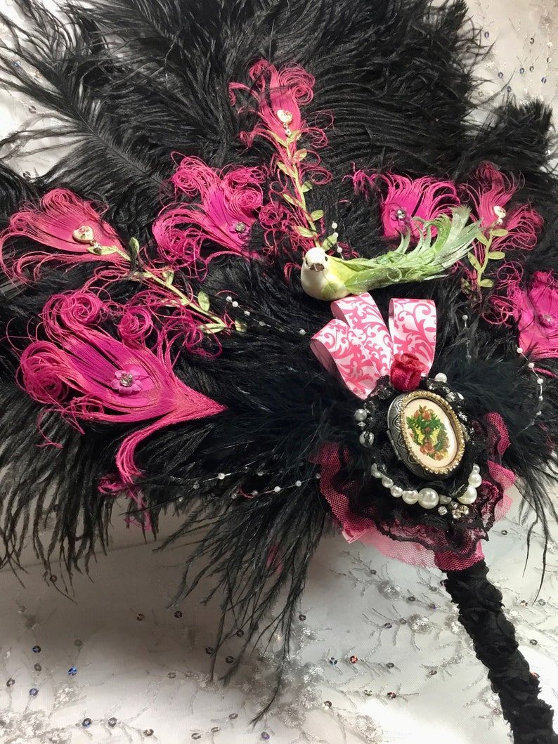 Bridgerton Ball Regencycore Extravagant Black Ostrich and Fuchsia Peacock Feather Fan Bouquet with Lime Green in your choice of colors image 6