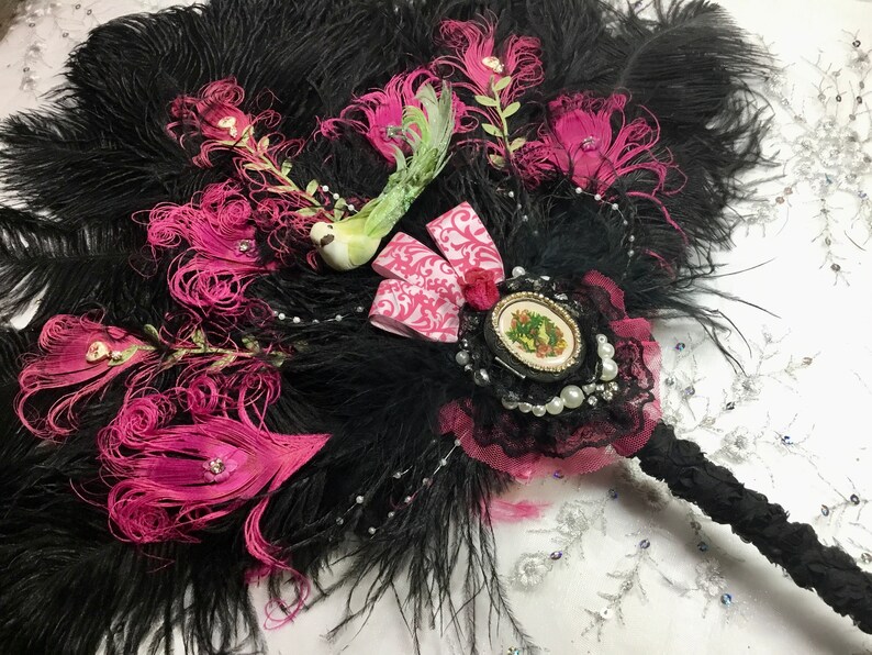 Bridgerton Ball Regencycore Extravagant Black Ostrich and Fuchsia Peacock Feather Fan Bouquet with Lime Green in your choice of colors image 7