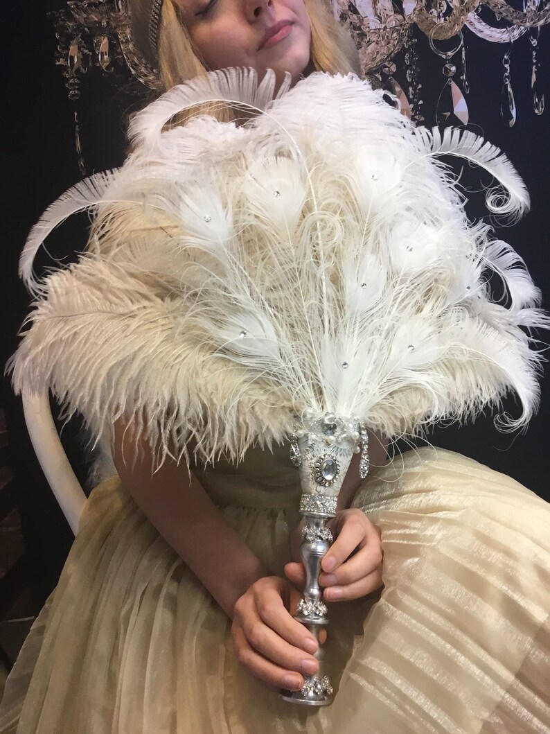 Romantic Rococo White Peacock Feather Wedding Fan With Elaborate Romantic Rococo White Peacock Feather Wedding Fan With Elaborate