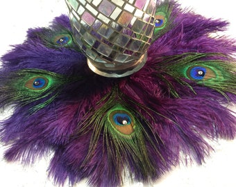 Exquisite Ostrich and Indian Peacock Feather Centerpiece mat decoration with Crystals in your choice of colors and sizes