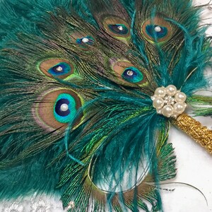 Gold and Teal Ostrich and Peacock Feather Fan with Sword Feathers in Gold or Silver in your choice of sizes and colors image 7