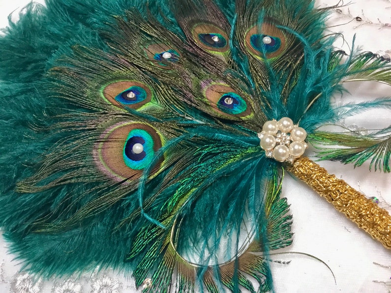 Gold and Teal Ostrich and Peacock Feather Fan with Sword Feathers in Gold or Silver in your choice of sizes and colors image 7