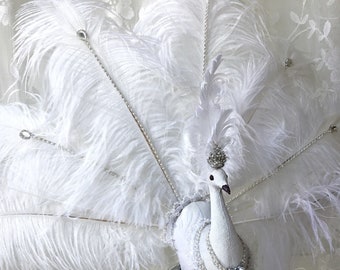 ON SALE Ready To Ship! WHITE Peacock Christmas Tree Topper Decoration with Jewels and Crystals -  with Natural White Peacock Feathers