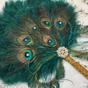 Gold and Teal Ostrich and Peacock Feather Fan with Sword Feathers in Gold or Silver in your choice of sizes and colors image 4