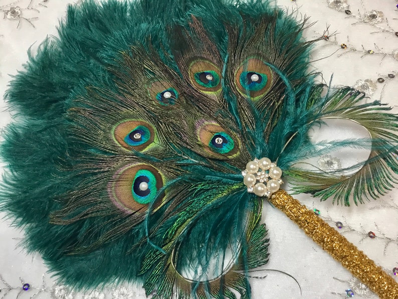 Gold and Teal Ostrich and Peacock Feather Fan with Sword Feathers in Gold or Silver in your choice of sizes and colors image 4