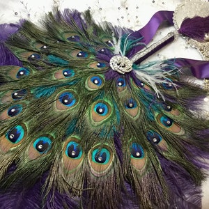 Round Peacock Feather and Dark Turquoise Ostrich Fan Bouquet with Swarovski crystals in your choice of sizes and colors image 5